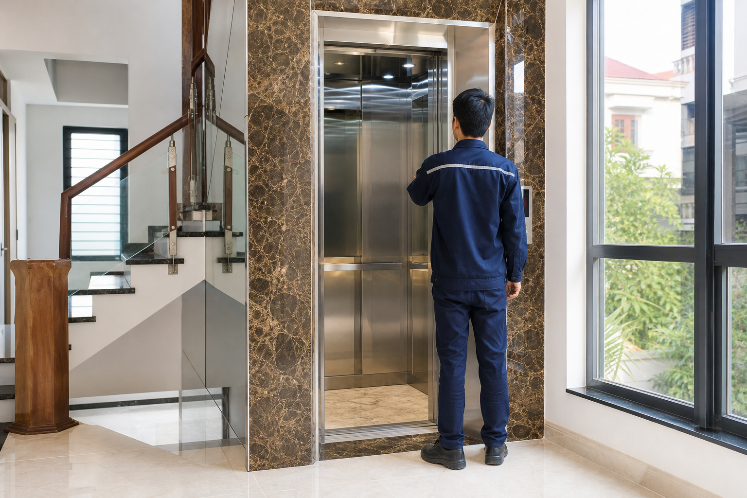 Kỹ thuật viên kiểm tra thang máy gia đình trong nhà phố tại Nghệ An