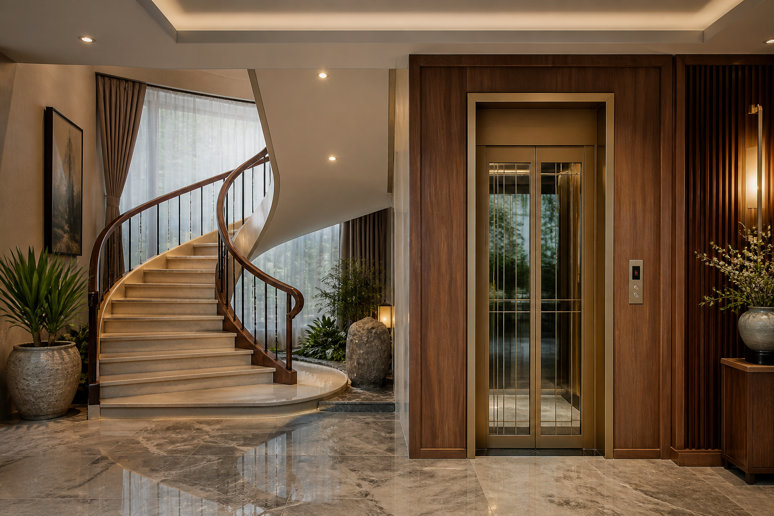 Thang máy biệt thự bố trí cạnh cầu thang lớn