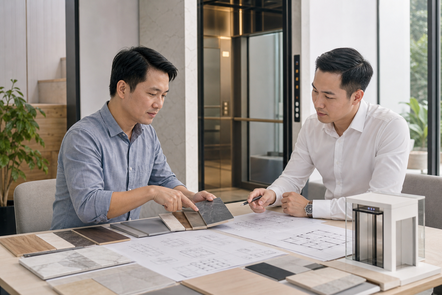 Gia chủ và tư vấn viên trao đổi cấu hình báo giá thang máy gia đình